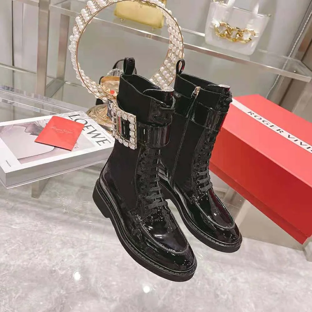 Roger Vivier Viv' Rangers Strass Buckle Boots in Fabrics for Women in Black Roger Vivier Viv' Rangers Strass Buckle Boots in Fabrics for Women in Black