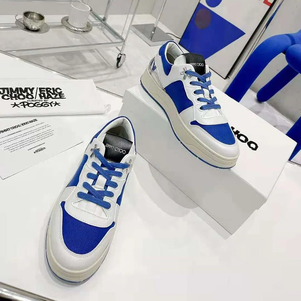 Jimmy Choo JC / Eric Haze Florent/M White Calf Leather and Blue Canvas Trainers for Unisex Jimmy Choo JC / Eric Haze Florent/M White Calf Leather and Blue Canvas Trainers for Unisex