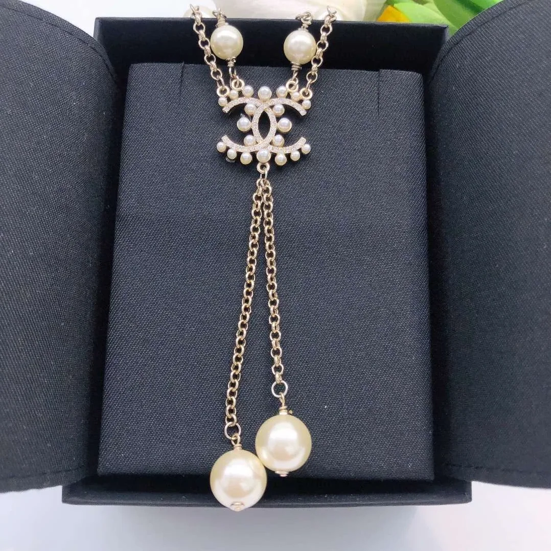Chanel Pearl Double C Rice Beads Large And Small Necklace Gold Chanel Pearl Double C Rice Beads Large And Small Necklace Gold