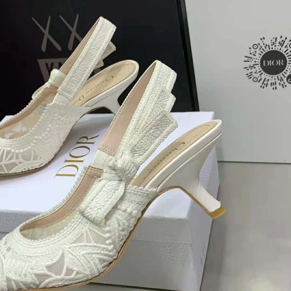 Dior J Sdior Slingback Pump White Macramé Embroidered Cotton for Women