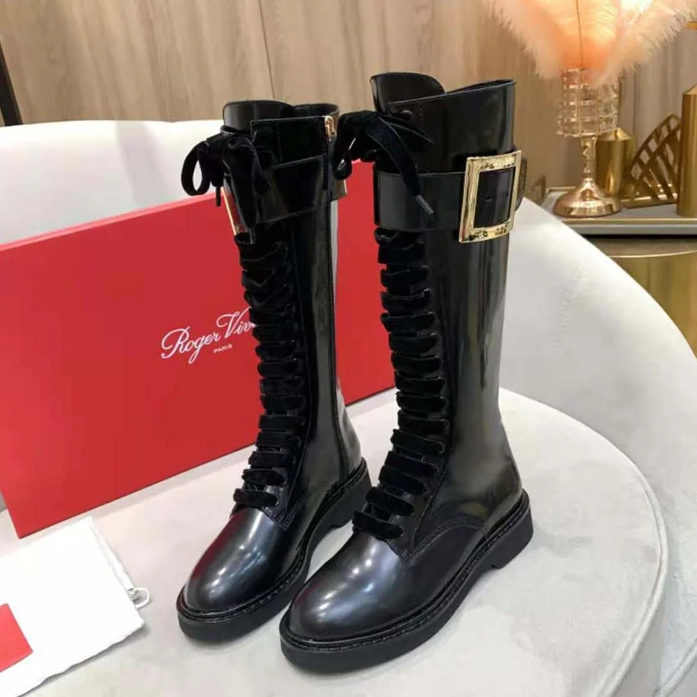 Roger Vivier Rangers Lace Up Metal Buckle Boots in Leather for Women