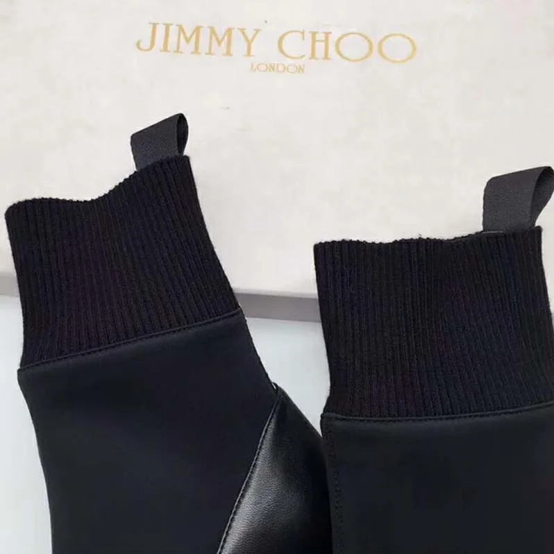 Jimmy Choo Shoes Brandon 85 Black Nappa Leather and Stretch Fabric Sock Ankle Boots for Women Jimmy Choo Shoes Brandon 85 Black Nappa Leather and Stretch Fabric Sock Ankle Boots for Women