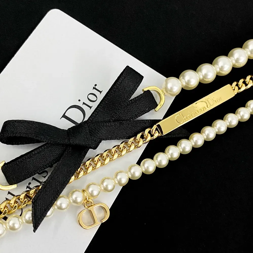 Dior Le Nœud de Dior Choker Gold-Finish Metal with White Resin Pearls and Black Satin for Women Dior Le Nœud de Dior Choker Gold-Finish Metal with White Resin Pearls and Black Satin for Women
