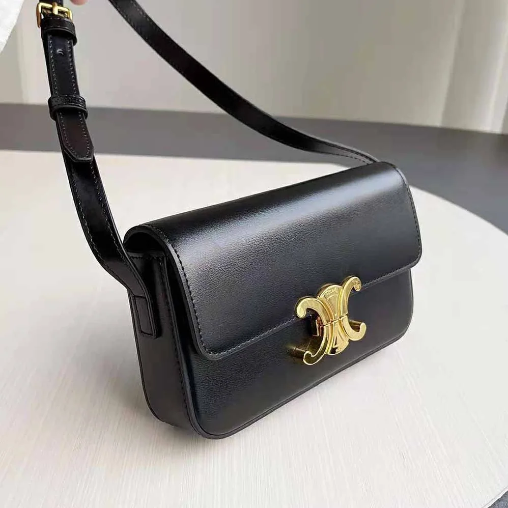 Celine Triomphe Shoulder Bag in Shiny Calfskin for Women in Black
