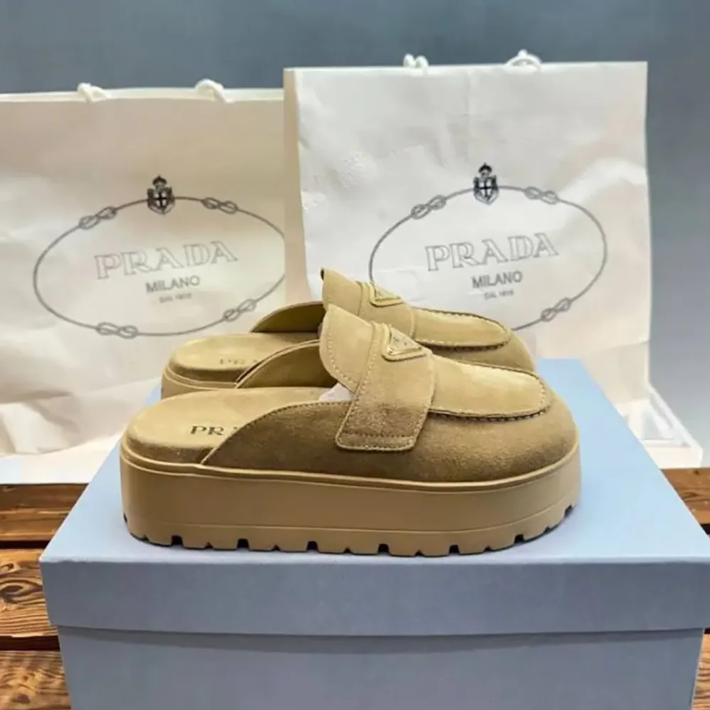 Prada Suede Flatform Mules with Enameled Metal Triangle Logo for Women