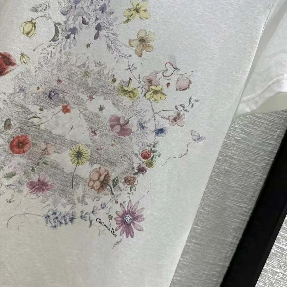 Dior T-shirt White Cotton and Linen Jersey with Red Multicolor Florilegio Motif for Women