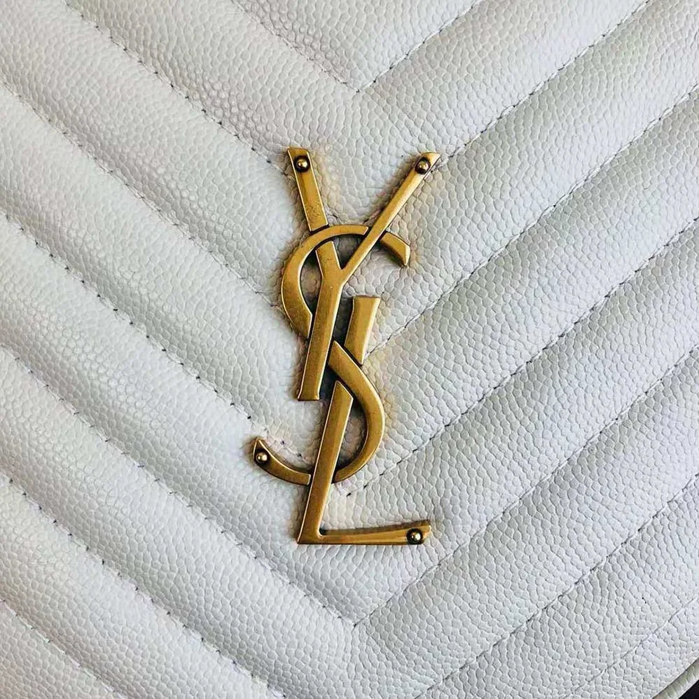 Saint Laurent YSL Vinyle Round Camera Bag in Chevron-Quilted Grain de Poudre Embossed Leather for Women in White