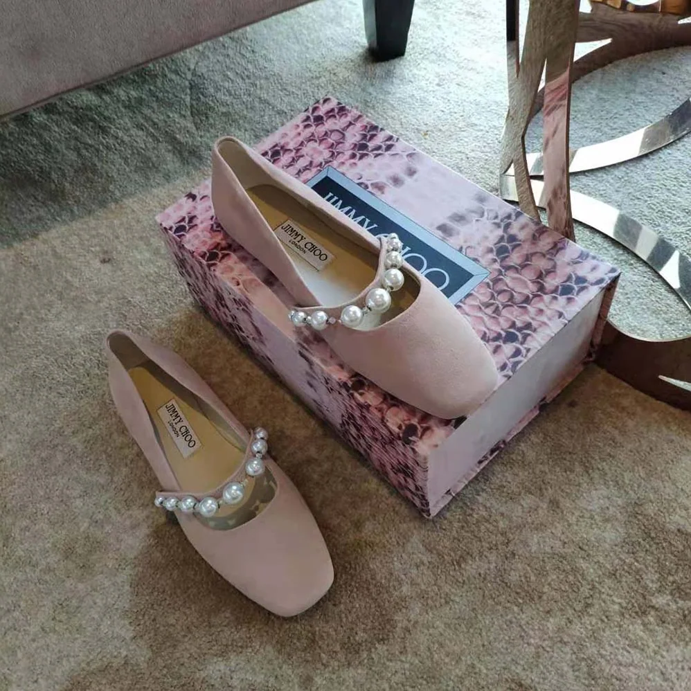 Jimmy Choo Ade Flat Ballet Pink Suede Flats with Pearl Embellishment for Women Jimmy Choo Ade Flat Ballet Pink Suede Flats with Pearl Embellishment for Women