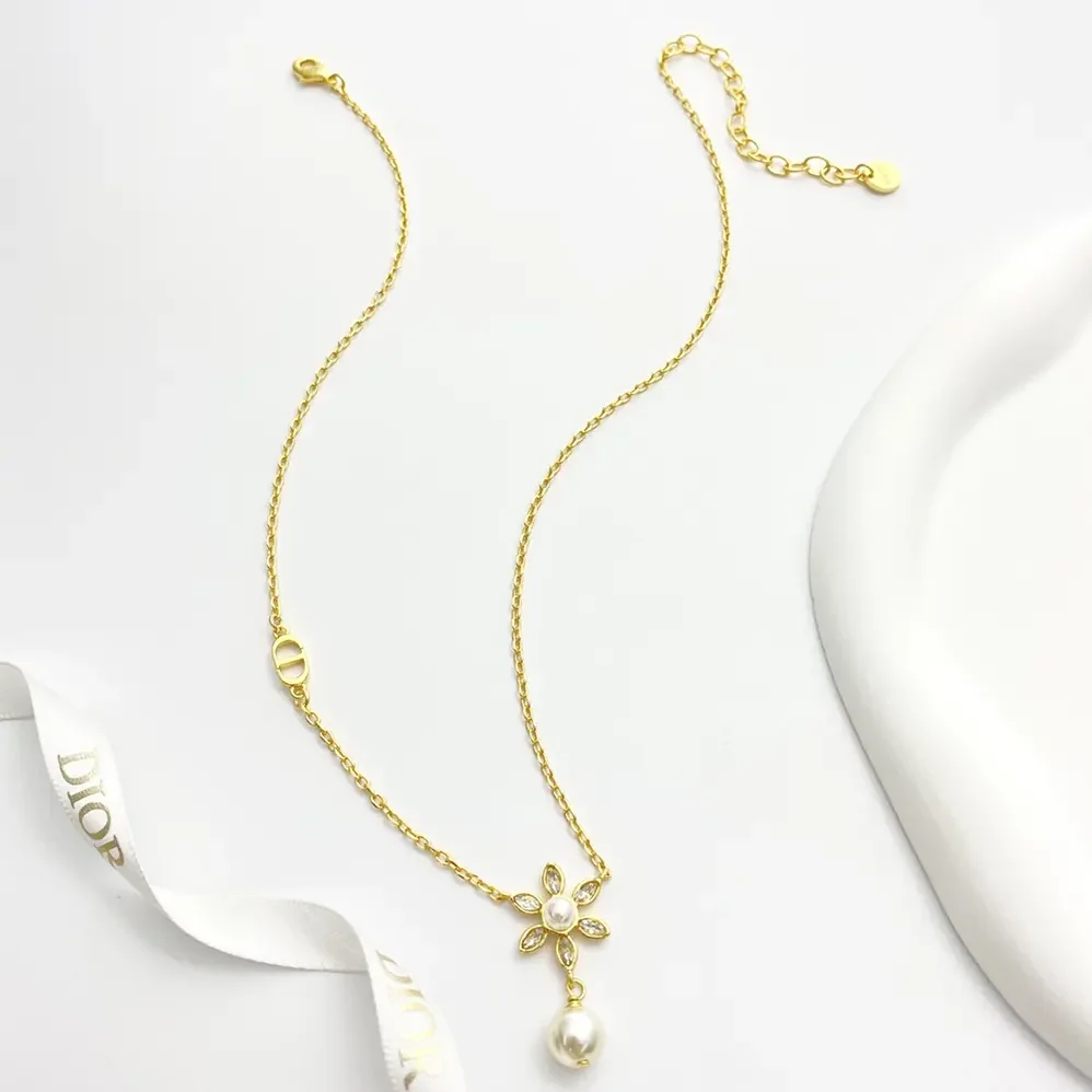 Dior Bloom in Dior Necklace Gold-Finish Metal with White Resin Pearls and Silver for Women in Tone Crystals