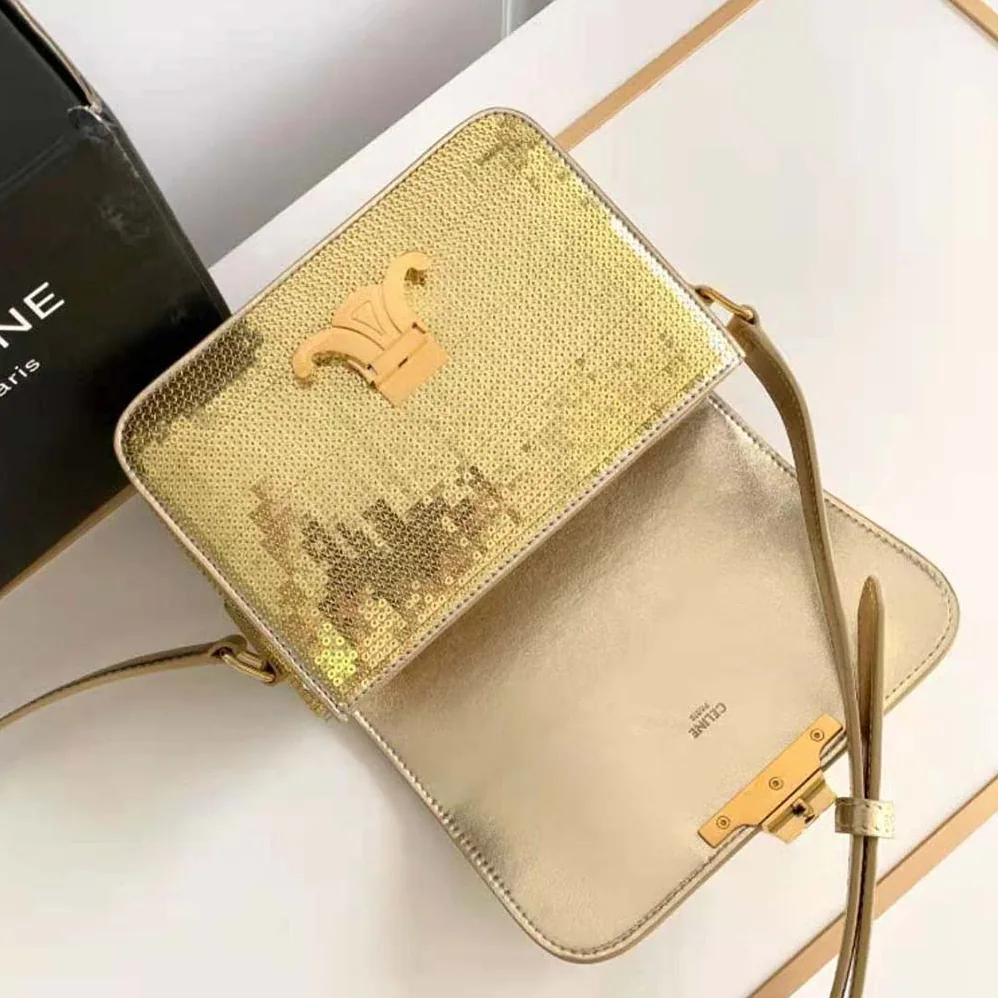 Celine Teen Triomphe Bag in Sequins and Calfskin for Women in Gold