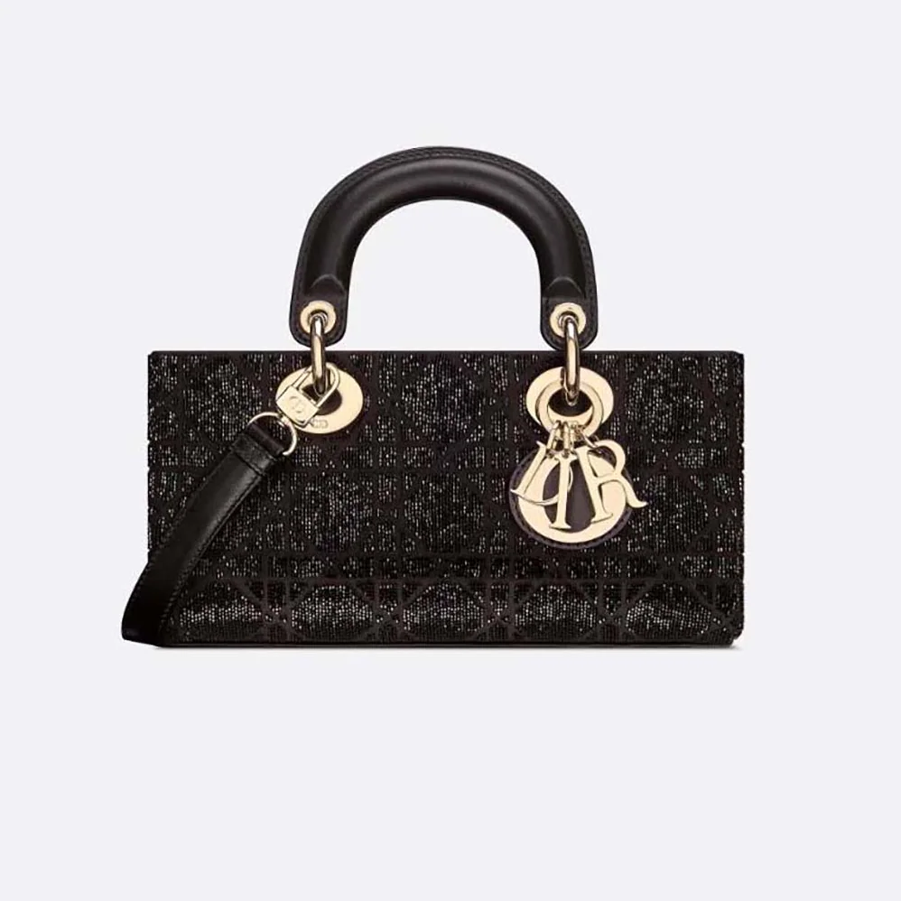 Dior Small Lady D-joy Bag Black Cannage Cotton with Micropearl Embroidery for Women