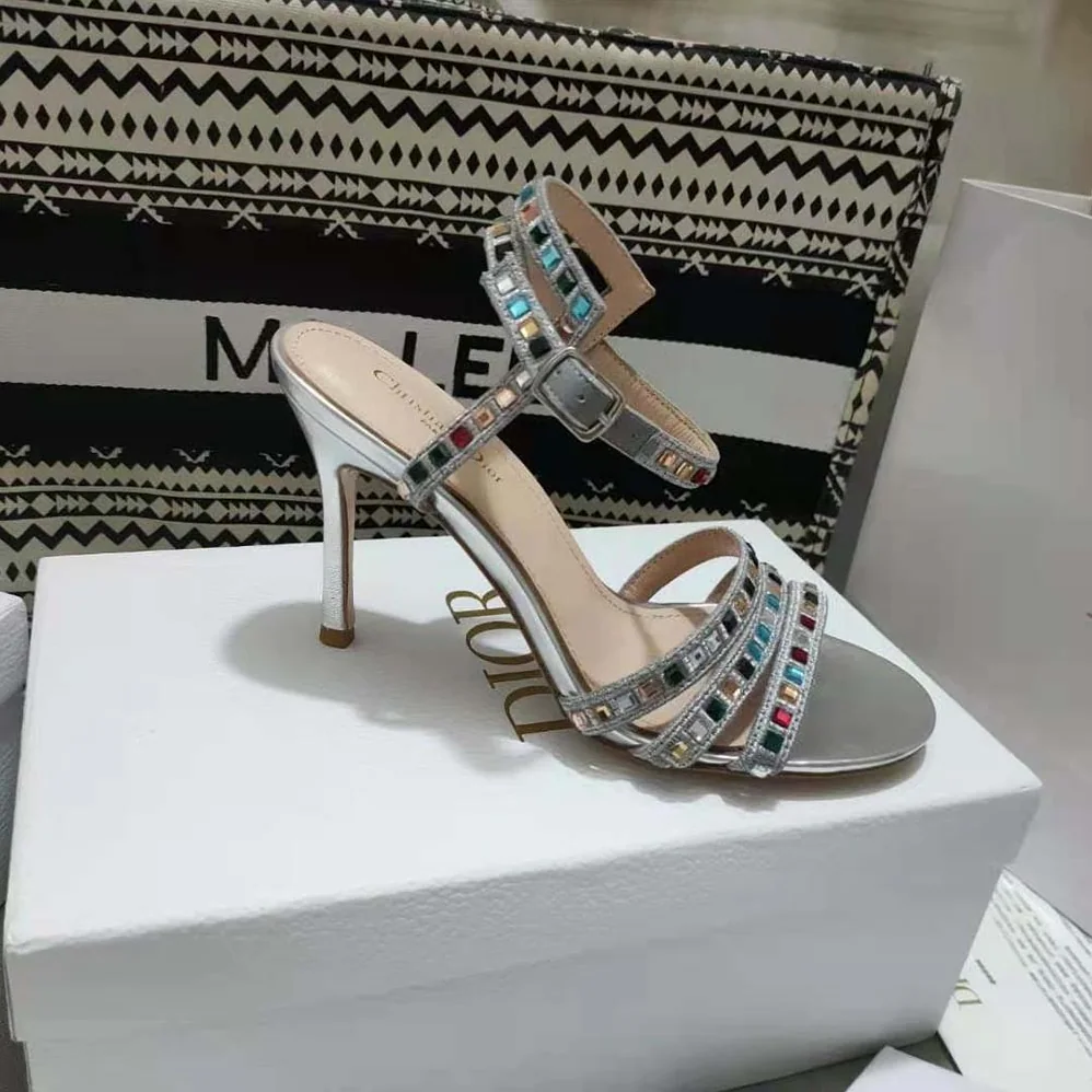 Dior Gem Heeled Sandal Silver for Women in Tone Cotton Embroidered Dior Gem Heeled Sandal Silver for Women in Tone Cotton Embroidered