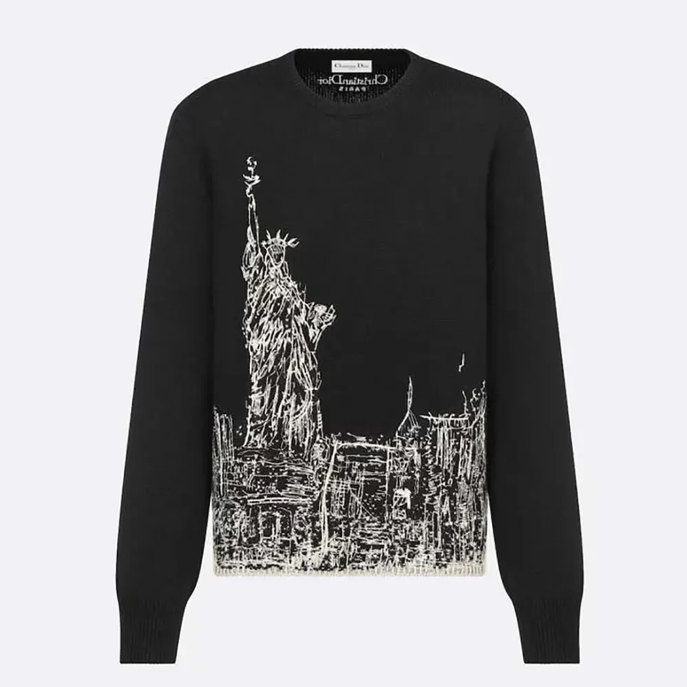 Dior Embroidered Sweater Black and White Cashmere and Silk Knit with New York Motif for Women