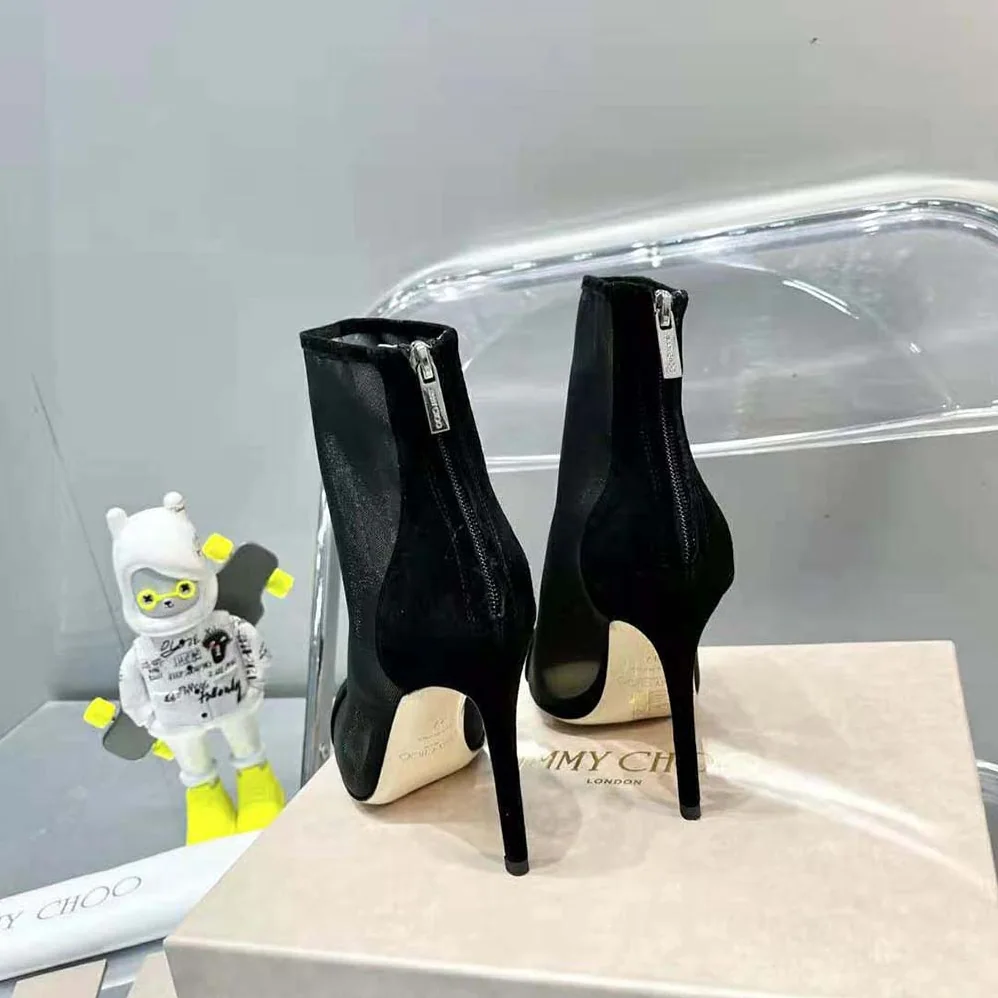 Jimmy Choo Bing Boot 100 Black Suede and Mesh Ankle Boots with Crystal Embellishment for Women