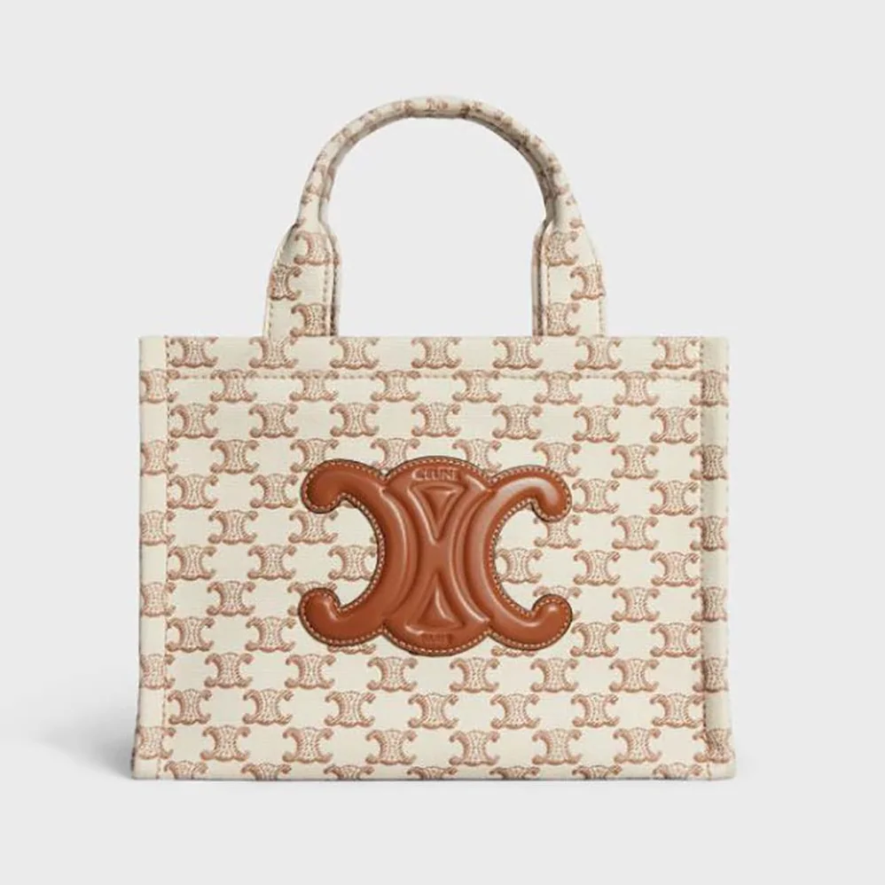 Celine Small Cabas Thais in Textile with Triomphe Canvas Print and Calfskin for Women in Beige