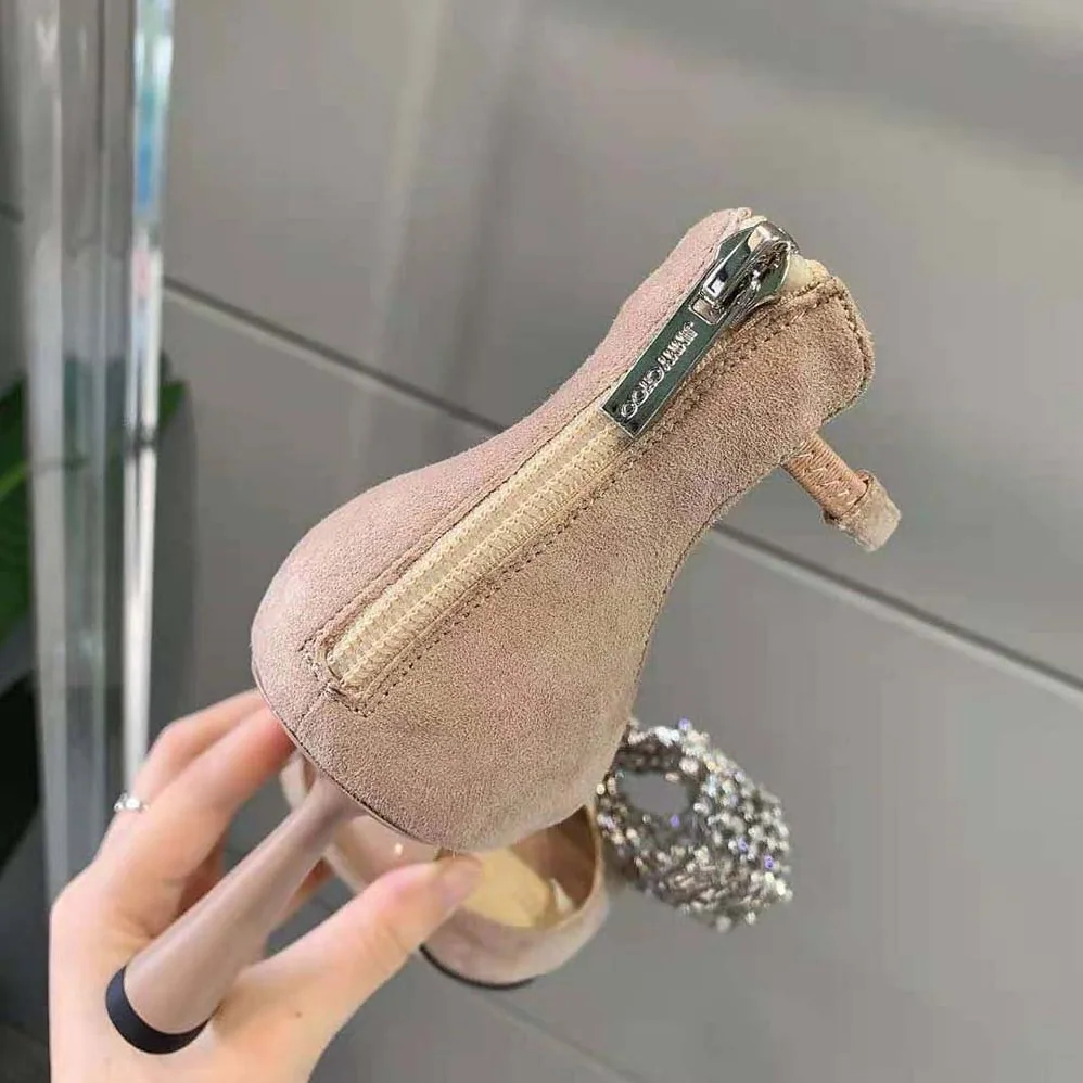 Jimmy Choo Mana 100 Ballet Pink Suede Sandals with Crystal Bow Clasp for Women Jimmy Choo Mana 100 Ballet Pink Suede Sandals with Crystal Bow Clasp for Women