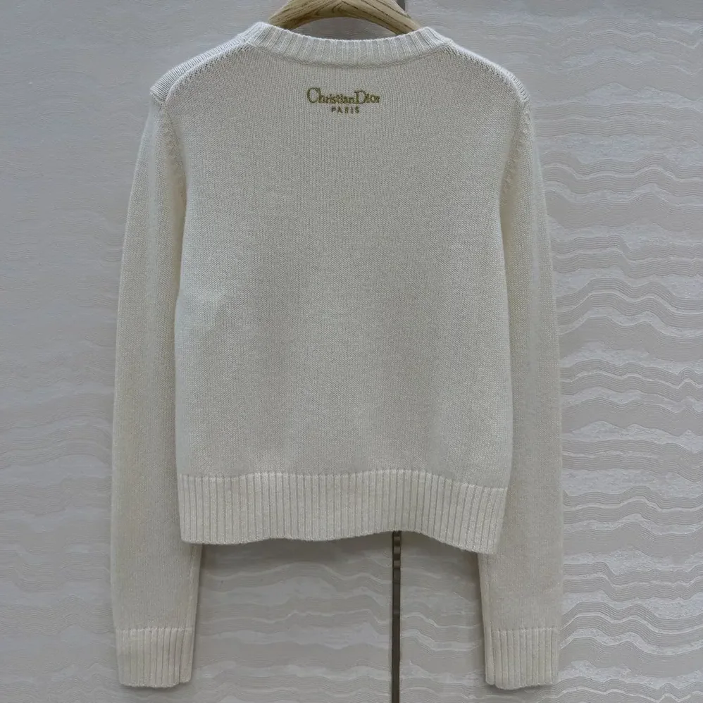 Dior Embroidered Sweater Ecru Cashmere Knit with Gold for Women in Tone Dioresque Stella Motif Dior Embroidered Sweater Ecru Cashmere Knit with Gold for Women in Tone Dioresque Stella Motif
