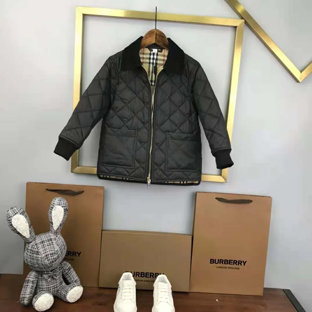 Burberry Kids' Corduroy Collar Diamond Quilted Jacket in Black