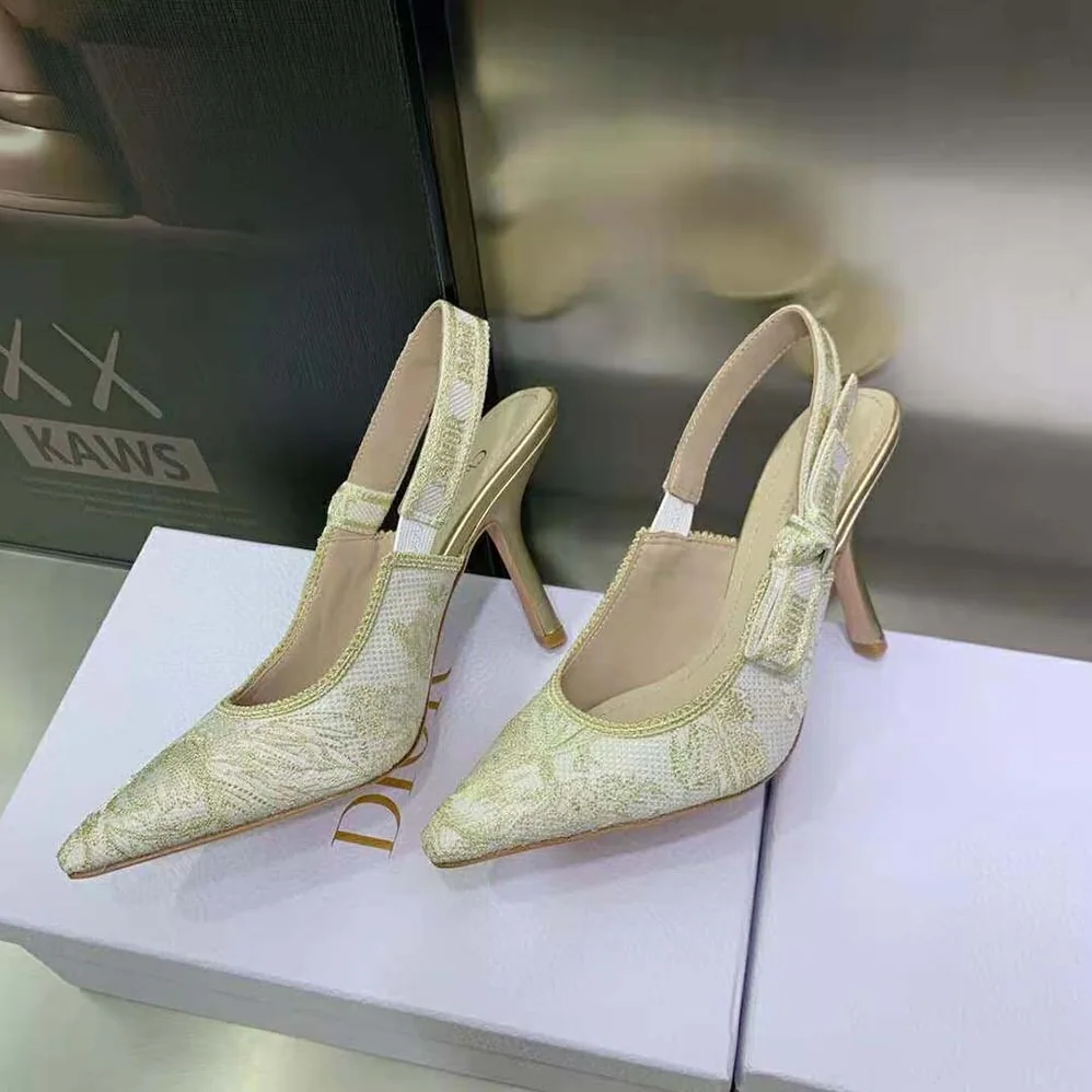Dior J'Adior Slingback Pump White and Gold for Women in Tone Cotton Embroidered