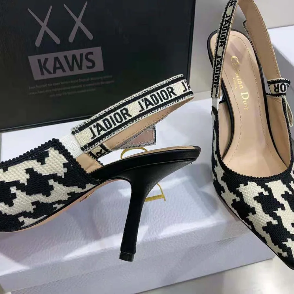 Dior J'Adior Slingback Pump Black and White Cotton Embroidery with Macro Houndstooth Motif for Women Dior J'Adior Slingback Pump Black and White Cotton Embroidery with Macro Houndstooth Motif for Women