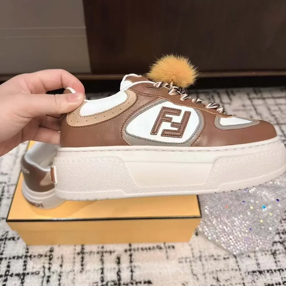 Fendi Match Brown Leather Platform Low for Women in Tops With Charm