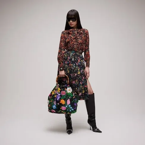 Gucci Silk Maxi With Bamboo Handle Tote Bag in Black/ Multicolor Gold Hardware