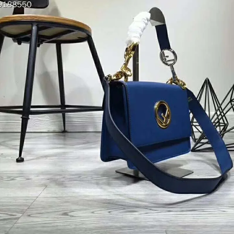 Fendi KAN I F Top Flap Leather Bag with Strap in Navy