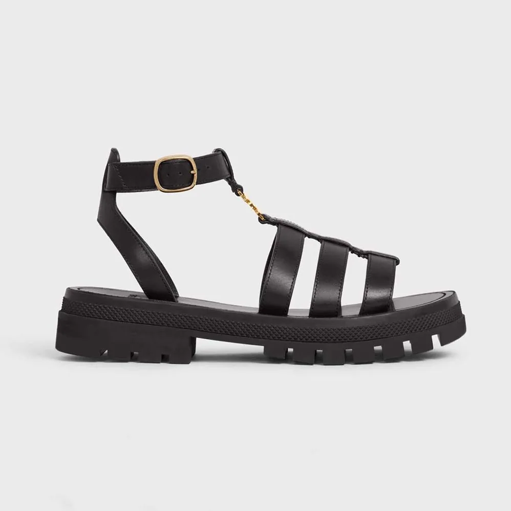 Celine Clea Triomphe Gladiator Chunky Sandal in Vegetal Calfskin for Women in Black Celine Clea Triomphe Gladiator Chunky Sandal in Vegetal Calfskin for Women in Black
