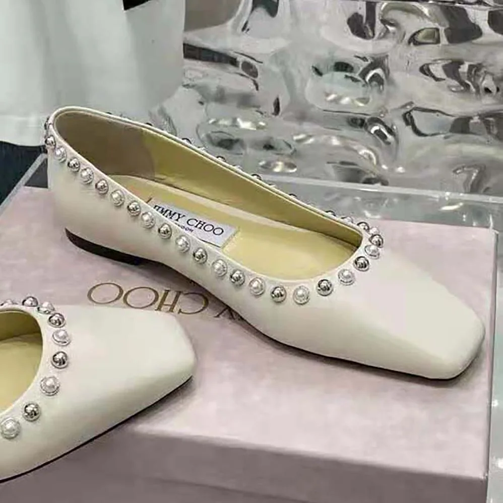 Jimmy Choo Mirele Flat Latte Nappa Leather Flats with Pearl Outline for Women