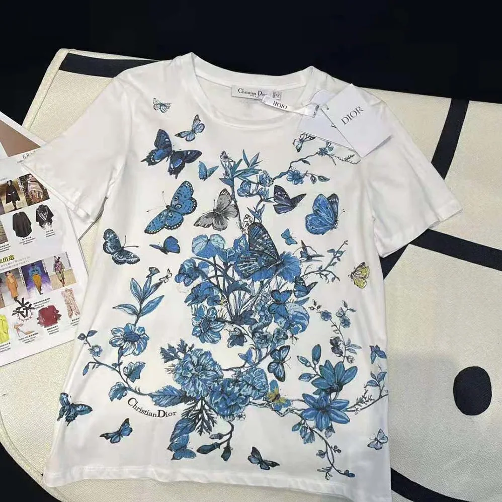 Dior T-Shirt White Cotton Jersey with Pastel Midnight Blue Toile de Jouy Mexico Motif for Women Dior T-Shirt White Cotton Jersey with Pastel Midnight Blue Toile de Jouy Mexico Motif for Women