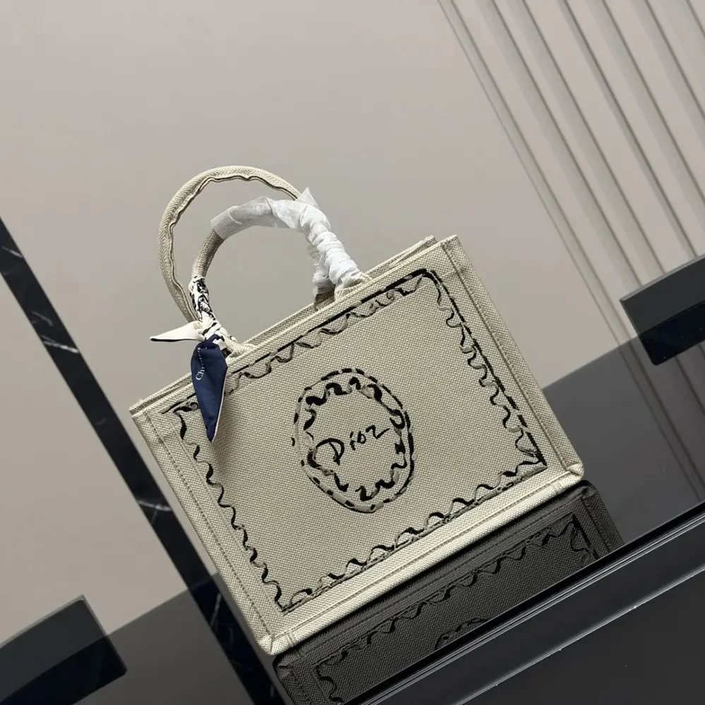 Dior Dioriviera Medium Dior Book Tote with Strap Beige Dior Painted Ribbon Embroidery for Women Dior Dioriviera Medium Dior Book Tote with Strap Beige Dior Painted Ribbon Embroidery for Women