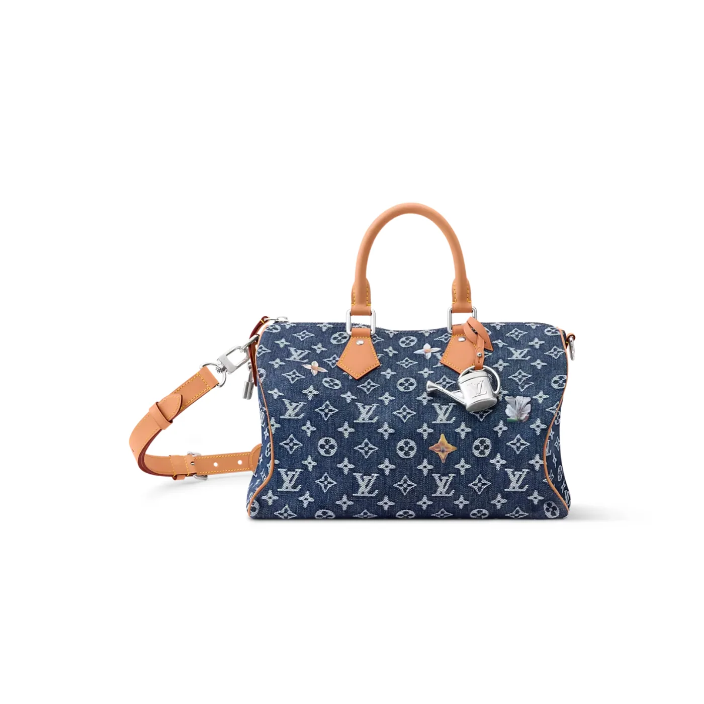 Louis Vuitton Speedy Bandouliere 30 Top Handle Bag / Blue Monogram Flowers Denim Silver Hardware