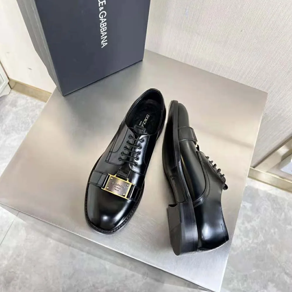 Dolce Gabbana D&G Brushed Calfskin Derby Shoes with Branded Plate for Men