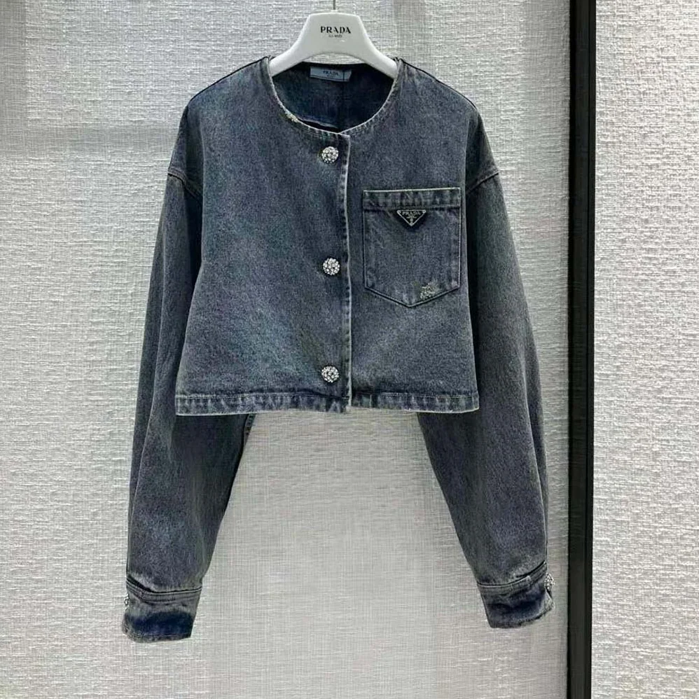 Prada Denim Blouson Jacket with Triangle Logo for Women Prada Denim Blouson Jacket with Triangle Logo for Women