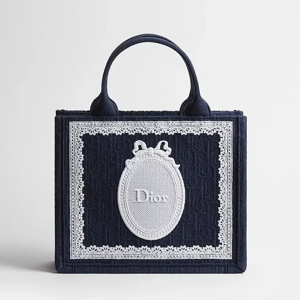 Dior Small Dior Book Tote with Strap Blue Dior Oblique Embroidery with White Lace and Dior Médaillon for Women Dior Small Dior Book Tote with Strap Blue Dior Oblique Embroidery with White Lace and Dior Médaillon for Women