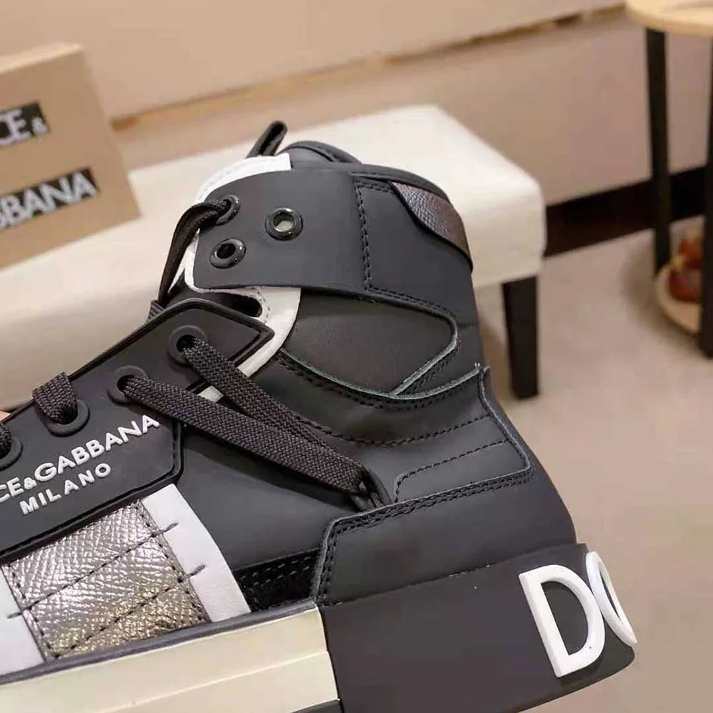 Dolce Gabbana D&G Calfskin 2.Zero Custom High-Top Sneakers with Contrasting Details for Men in Black