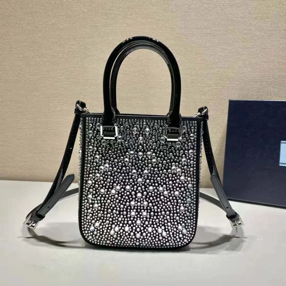 Prada Small Crystal-Studded Satin Tote Bag for Women in Black