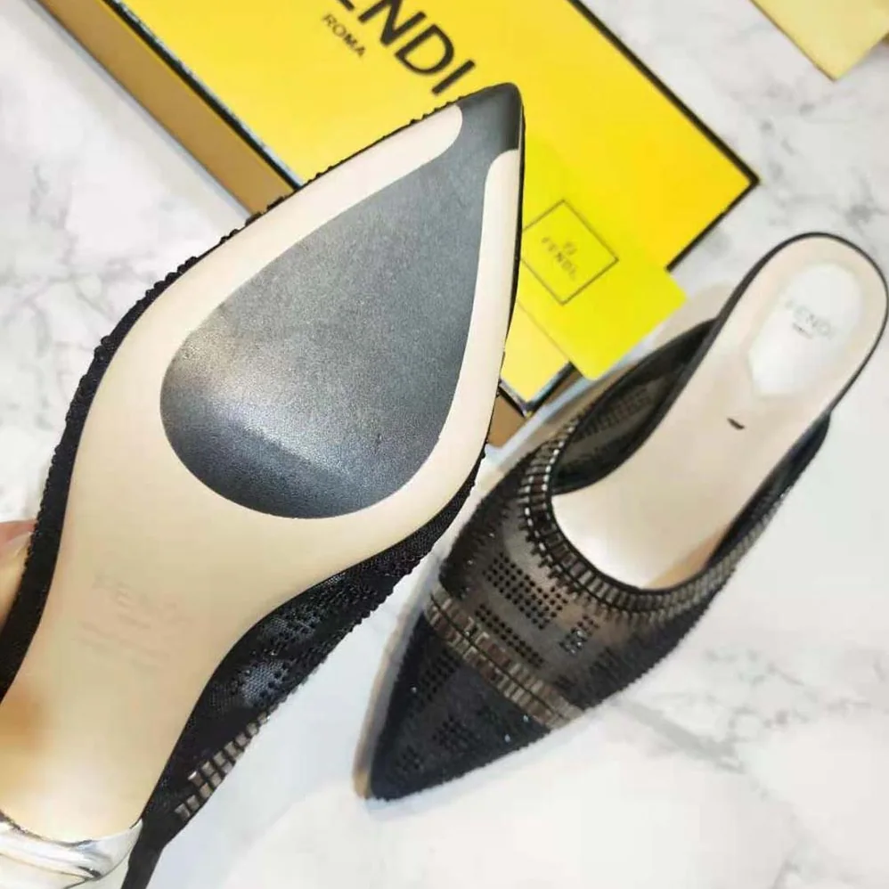 Fendi Colibri Sabots in Mesh and Black Leather for Women Fendi Colibri Sabots in Mesh and Black Leather for Women
