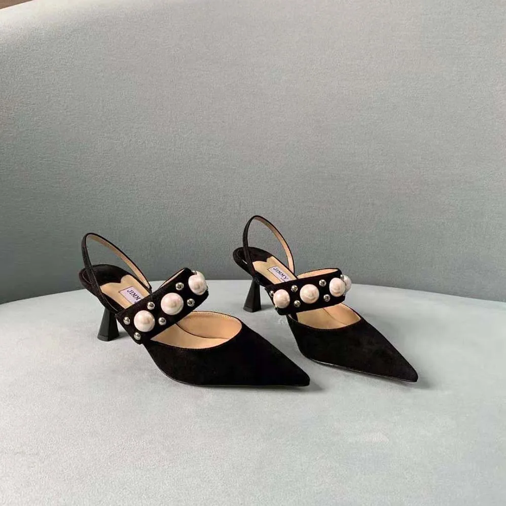 Jimmy Choo Breslin 100 Black Suede Slingbacks with Pearl and Stud Embellishment for Women