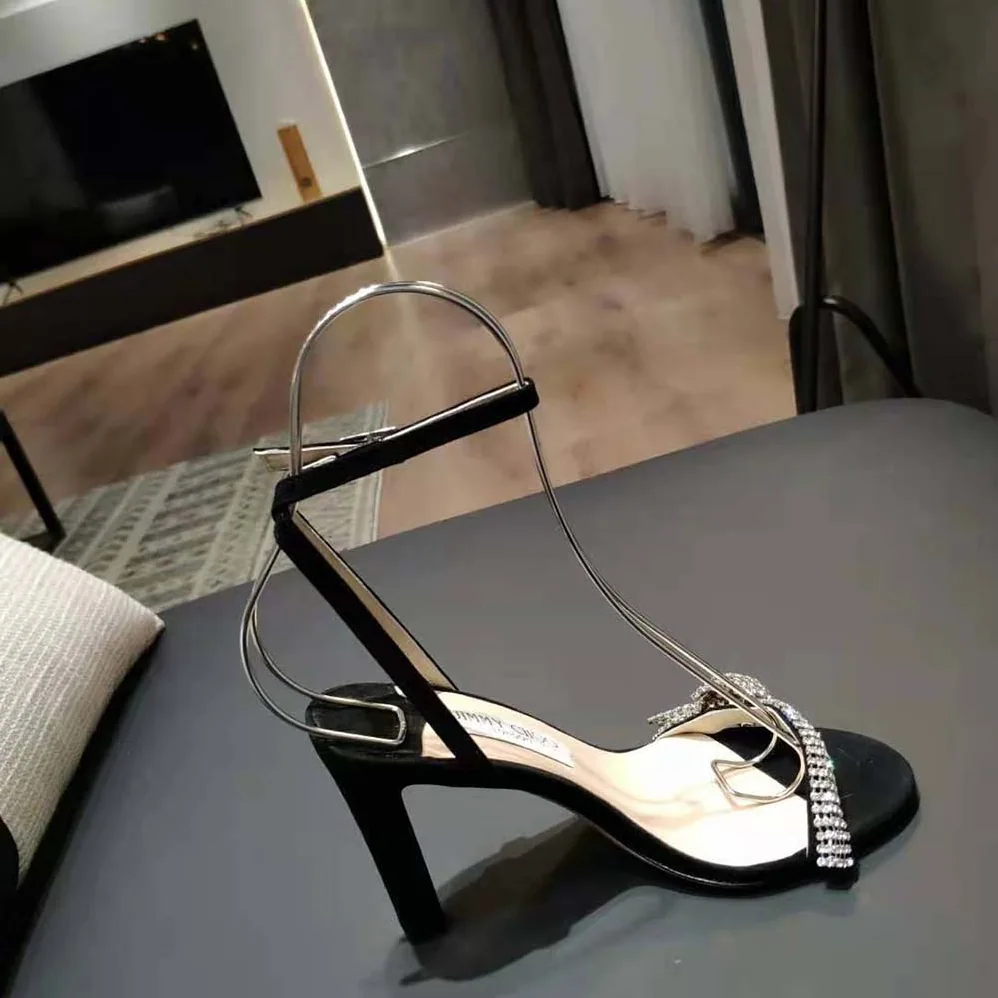 Jimmy Choo Thyra 100 Black Suede Sandals with Pavé Crystal Cord Detail for Women Jimmy Choo Thyra 100 Black Suede Sandals with Pavé Crystal Cord Detail for Women