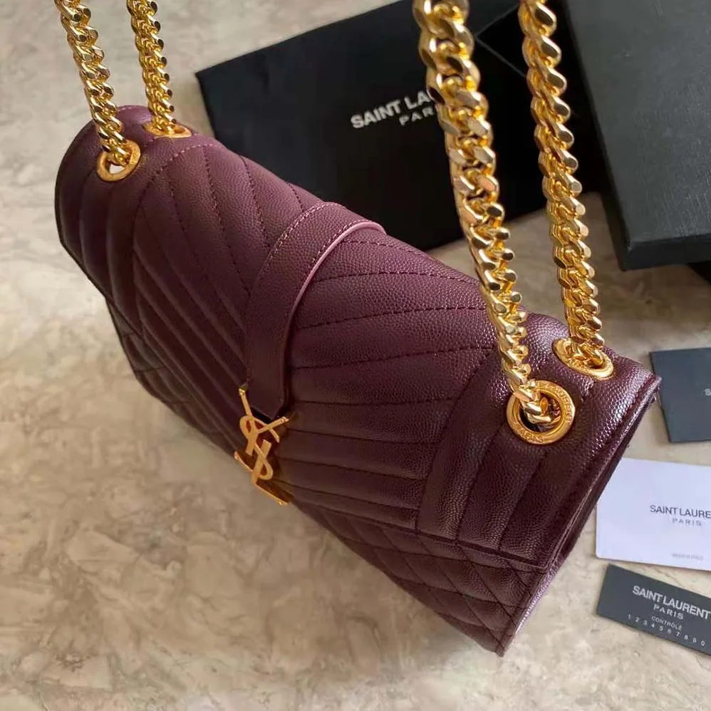 Saint Laurent YSL Envelope Medium Bag in Mix Matelasse Grain DE Poudre Embossed Leather for Women in Maroon