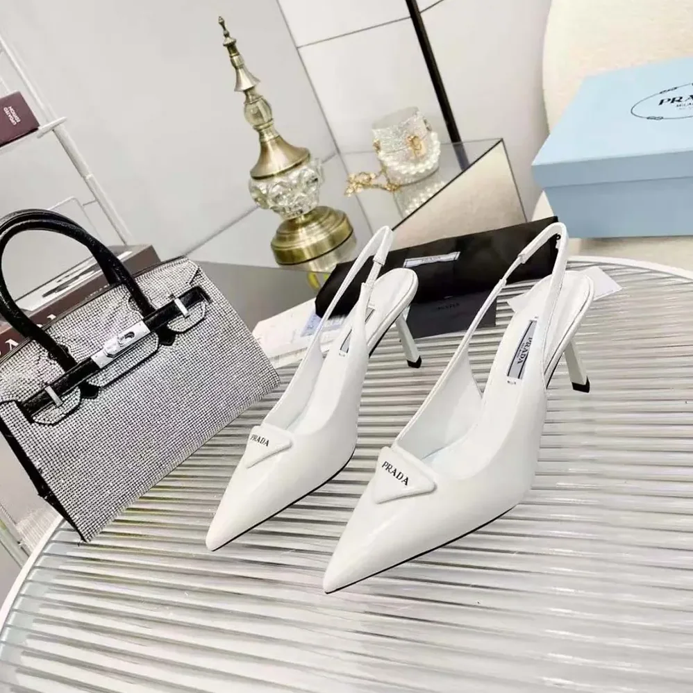 Prada Saffiano Patent Leather Slingback Pumps for Women in White Prada Saffiano Patent Leather Slingback Pumps for Women in White