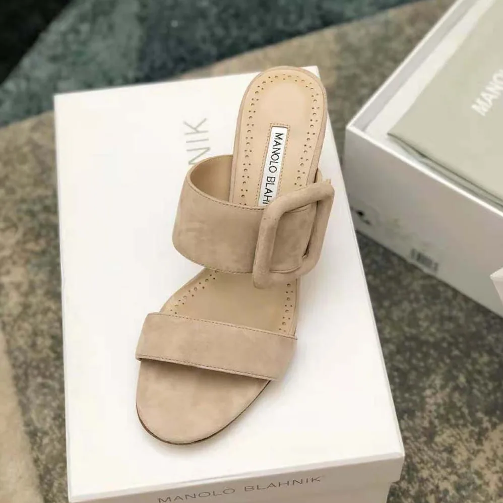 Manolo Blahnik Light Beige Suede Open Toe Mules for Women