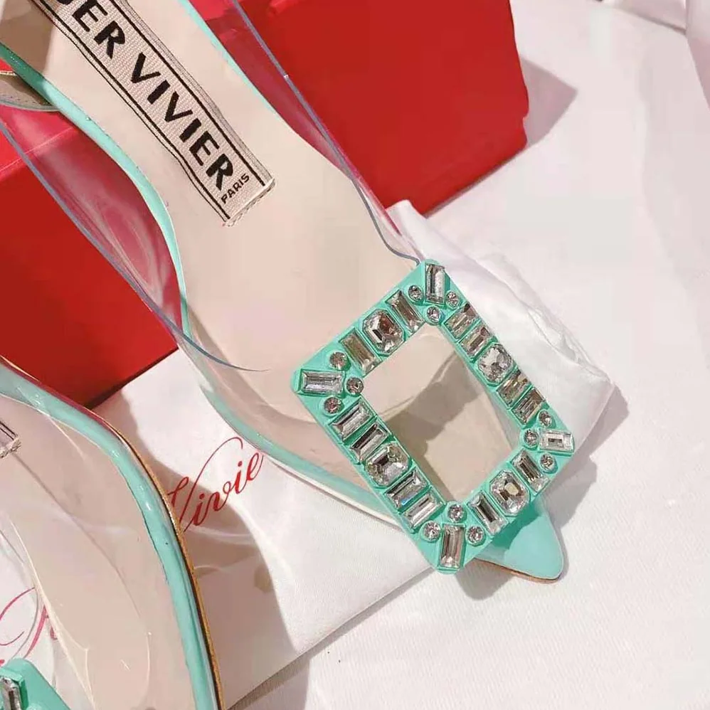 Roger Vivier Virgule Strass Buckle Slingback Pumps in PVC for Women in Lime Roger Vivier Virgule Strass Buckle Slingback Pumps in PVC for Women in Lime