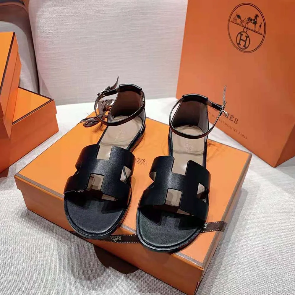 Hermes Santorini Sandal in Calfskin Leather for Women in Black