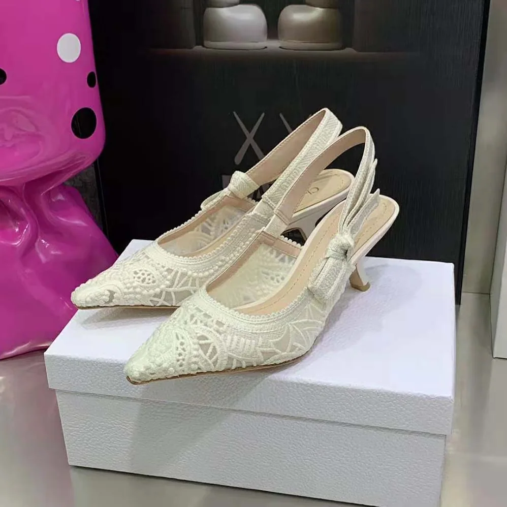 Dior J Sdior Slingback Pump White Macramé Embroidered Cotton for Women