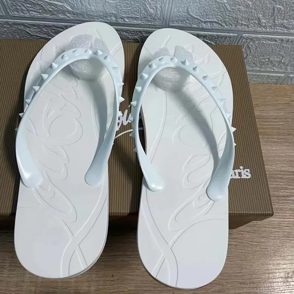 Christian Louboutin Loubi Donna Spike Red Sole Flip Flops for Men in White