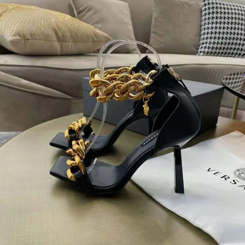 Versace Medusa Chain Nappa Leather Sandals in 11cm Heel for Women in Black