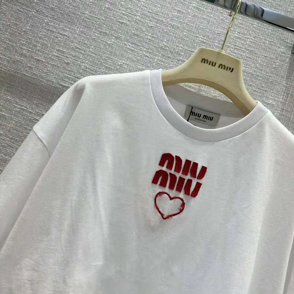 Miu Miu Embroidered Cotton Jersey T-shirt with Contrasting Logo for Women in White
