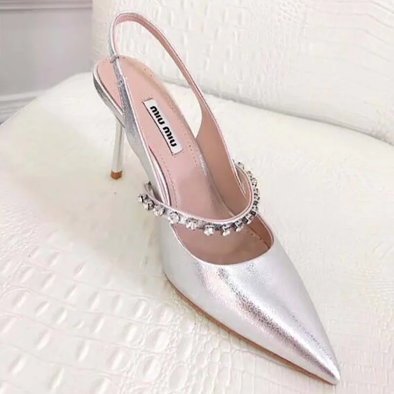 Miu Miu Shoes Nappa Leather Slingbacks with Crystals 85mm Heel for Women in Silver
